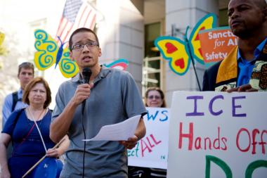 A photo of Brandon Wu at a protest